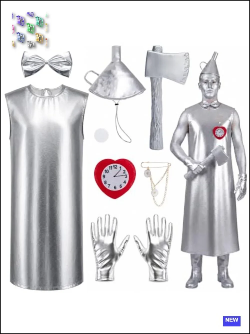 Silver Tin Man Halloween Costume with Funnel Hat Axe Accessories